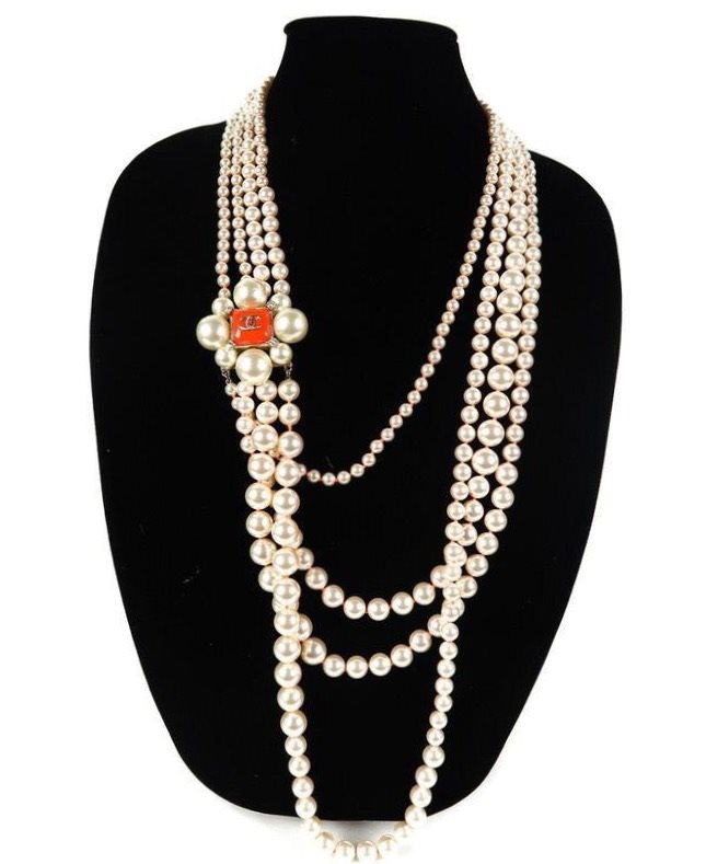 Chanel Multistrand Pearl Long Necklace - Coral Flower CC Charm 2014