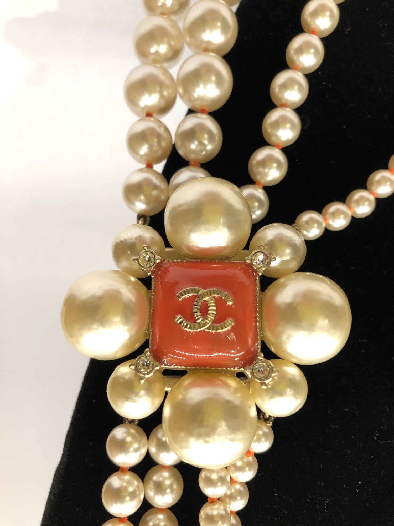 Chanel Multistrand Pearl Long Necklace - Coral Flower CC Charm 2014 - Image 2