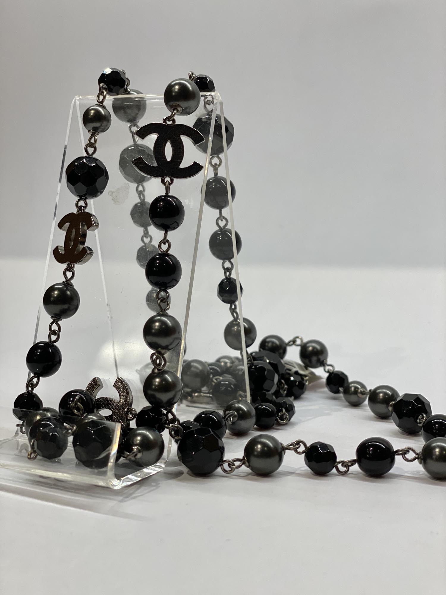 Chanel Black Grey Silver Ruthenium Pearls Crystal Bead 4 Station Cc Logos 45" - Image 2