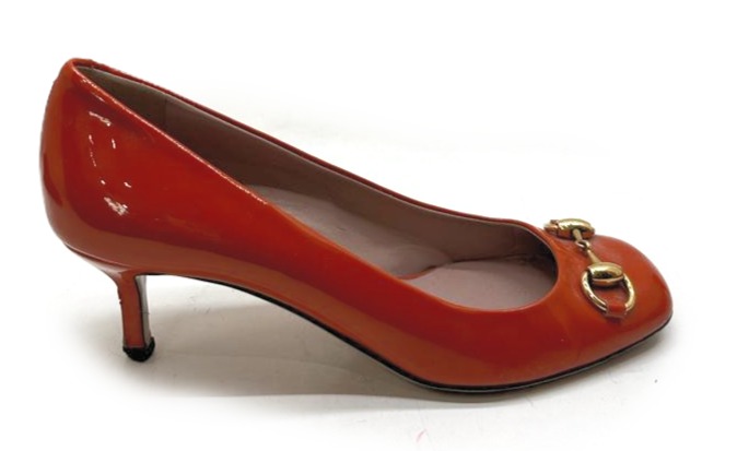 Gucci Orange Patent Leather Horsebit Pumps
