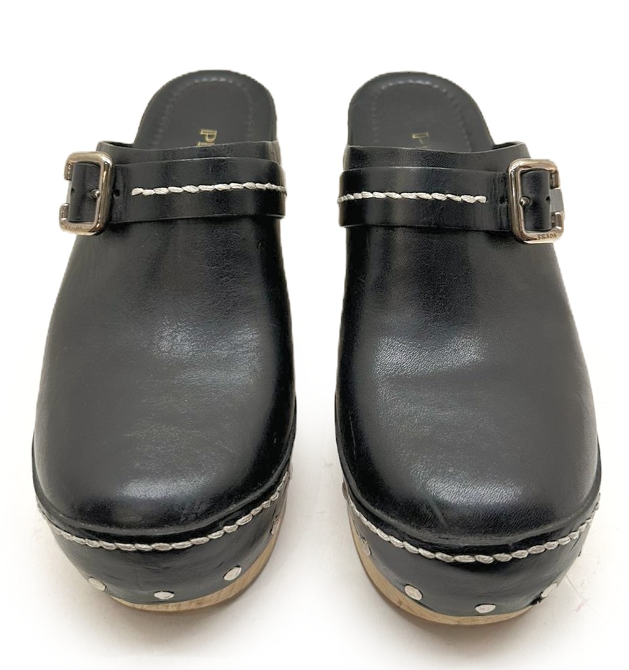Prada Black Leather Platform Clogs - Image 2