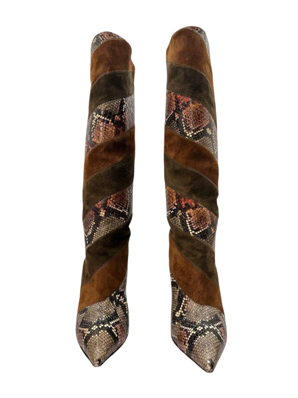 Aquazurra Brown Suede and Python Leather Boetti Knee High Boot - Image 2