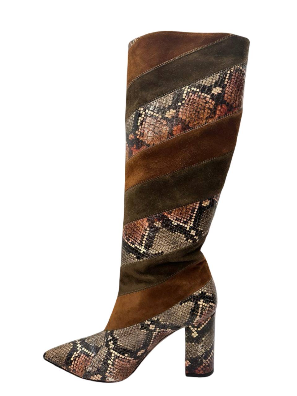 Aquazurra Brown Suede and Python Leather Boetti Knee High Boot - Image 3