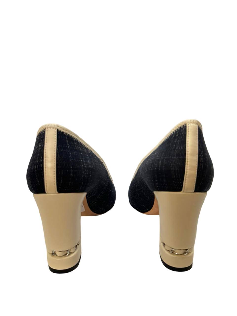Chanel Blue Denim Ivory Leather Picadilly Pumps - Image 4