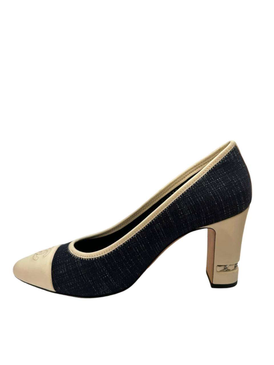 Chanel Blue Denim Ivory Leather Picadilly Pumps - Image 3