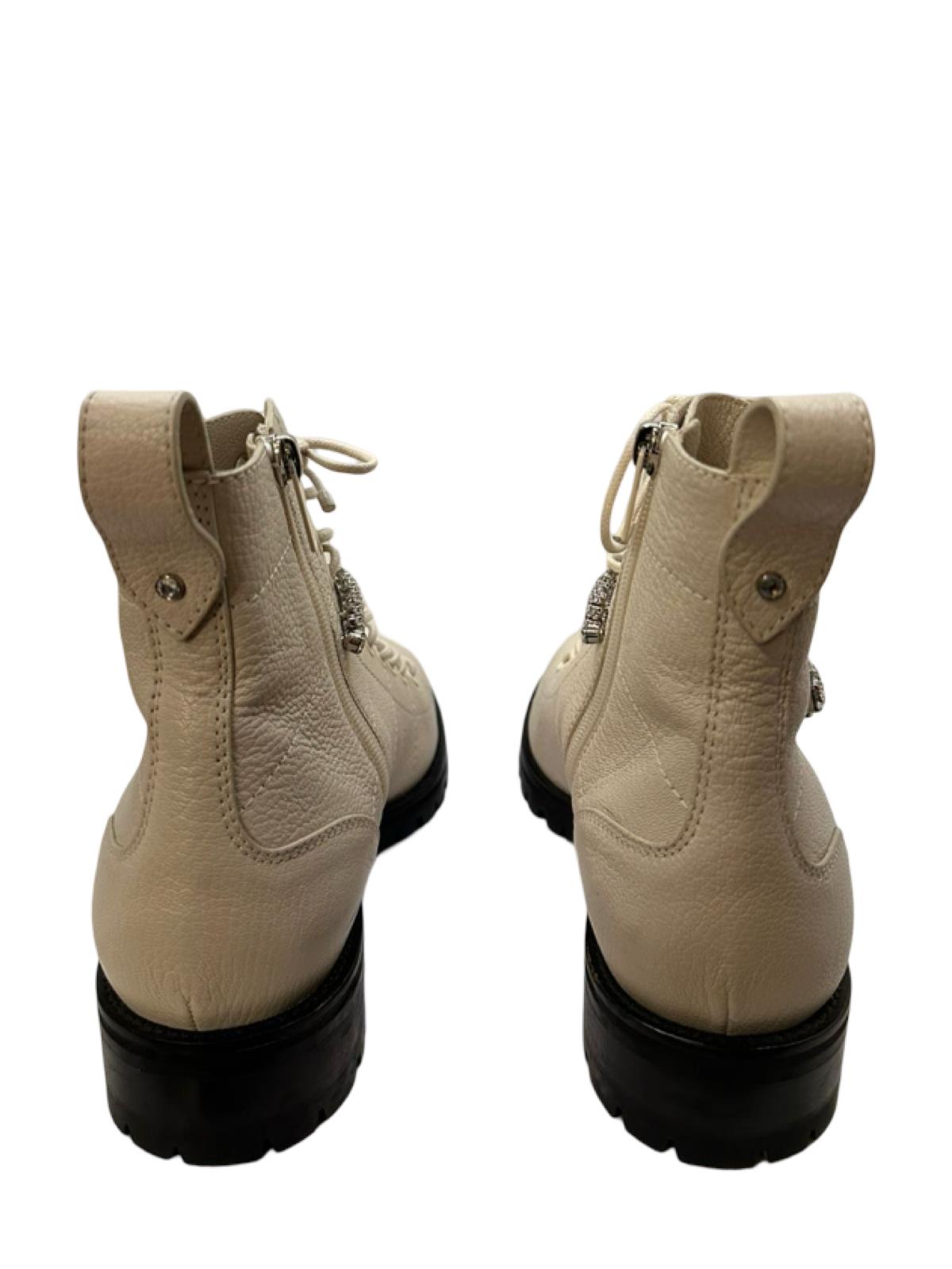 Jimmy Choo Cream Leather Flat Cruz Strass Embellished Ankle Boots - Image 4