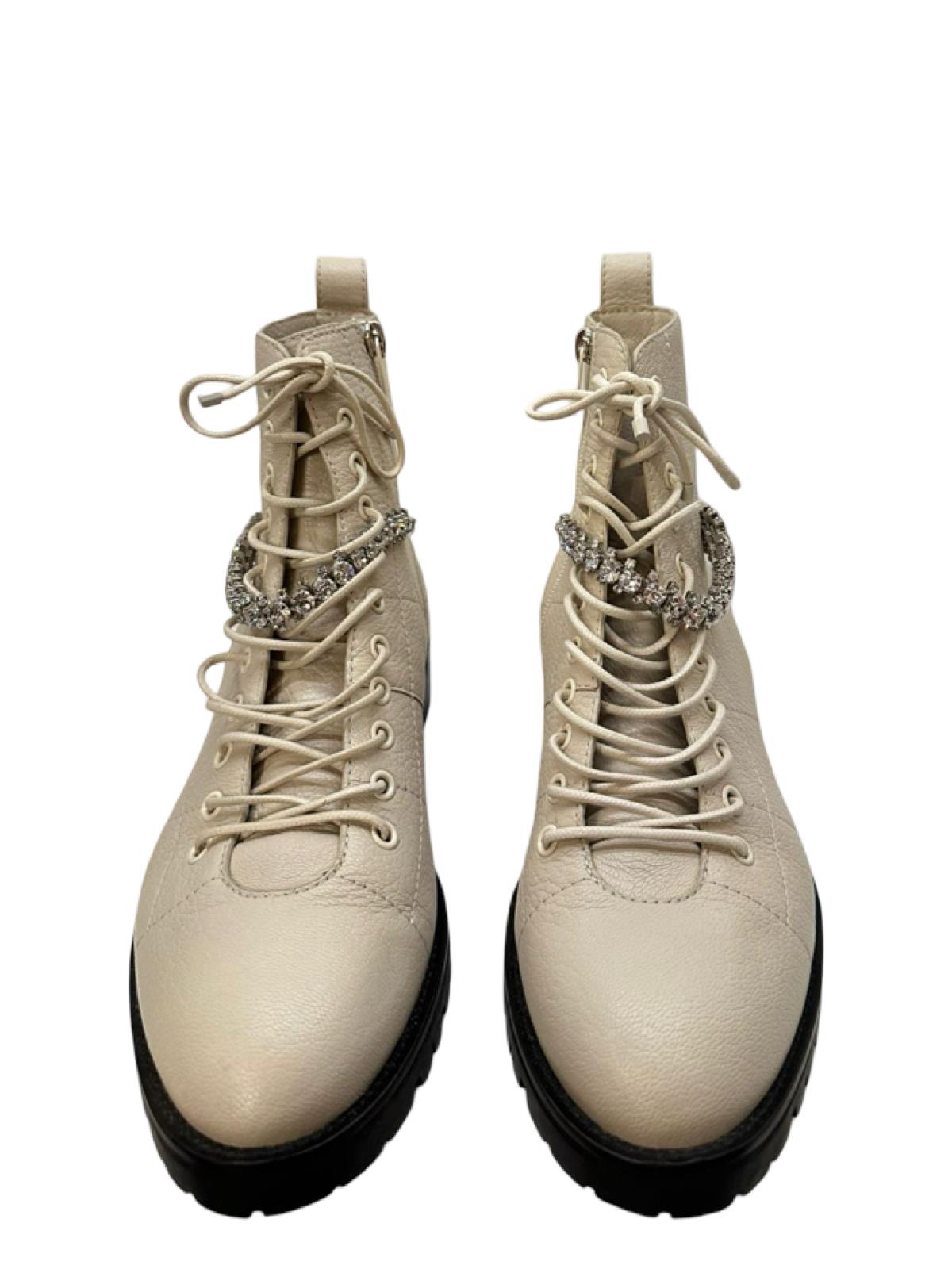 Jimmy Choo Cream Leather Flat Cruz Strass Embellished Ankle Boots - Image 2