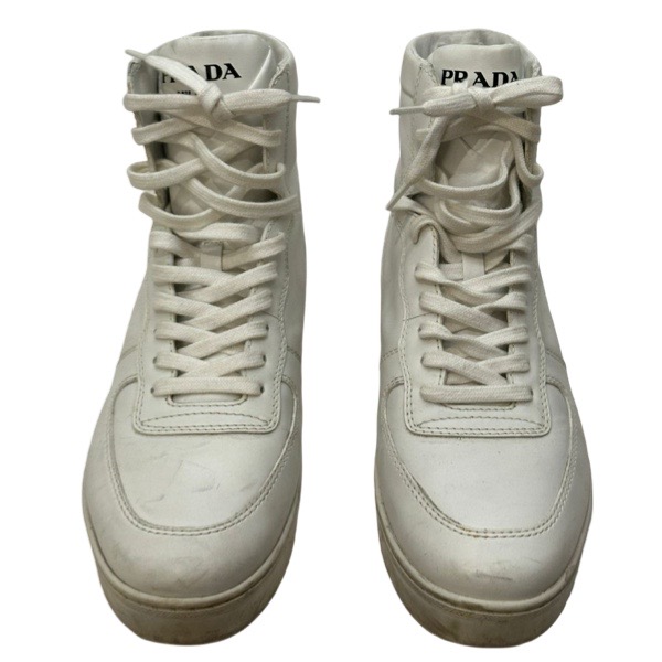 Prada White Leather High-Rise Sneakers - Image 2