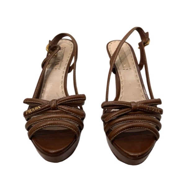 Prada Brown Leather Strap Platform Sandals - Image 2